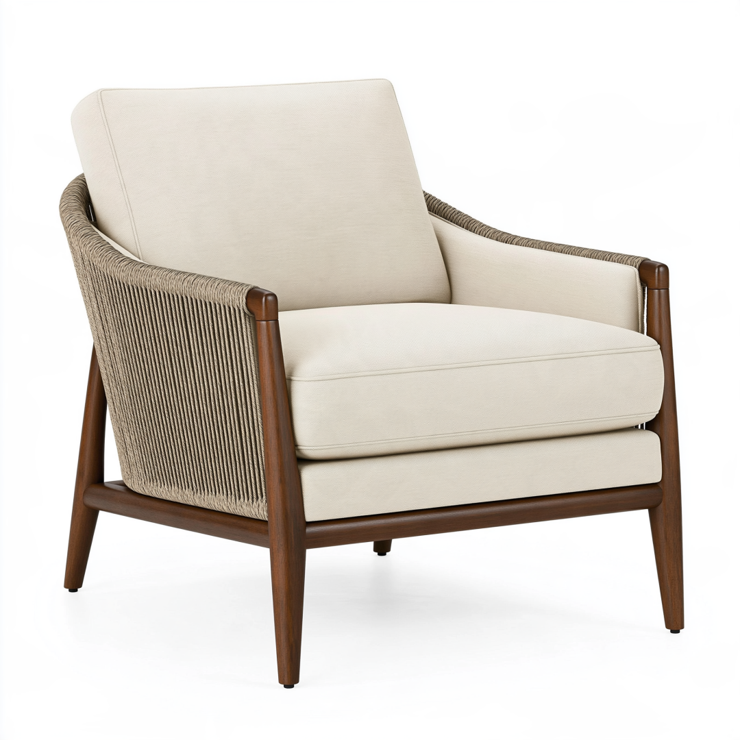 Fauteuil 76 x 82 x 88 cm en bois tissu beige et cordage tressé style contemporain