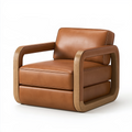 Fauteuil 85 x 82 x 78 cm aspect cuir camel avec accoudoirs en bois style contemporain