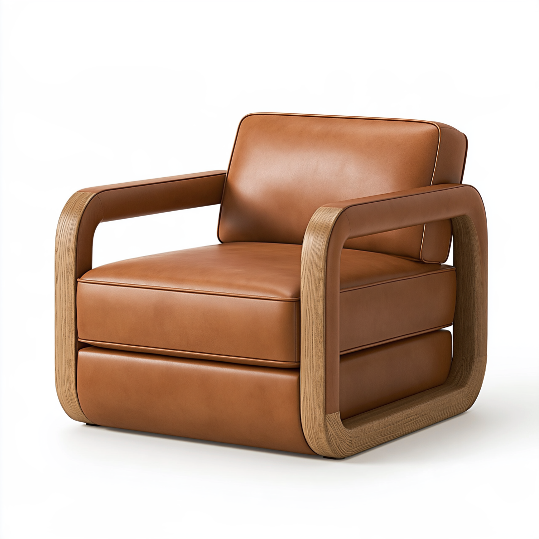 Fauteuil 85 x 82 x 78 cm aspect cuir camel avec accoudoirs en bois style contemporain