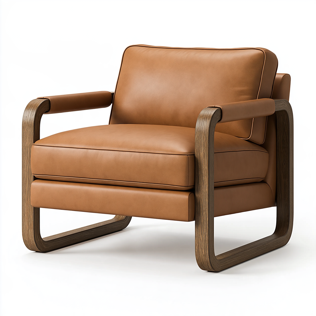 Fauteuil 80 x 85 x 85 cm en similicuir camel et bois - style contemporain