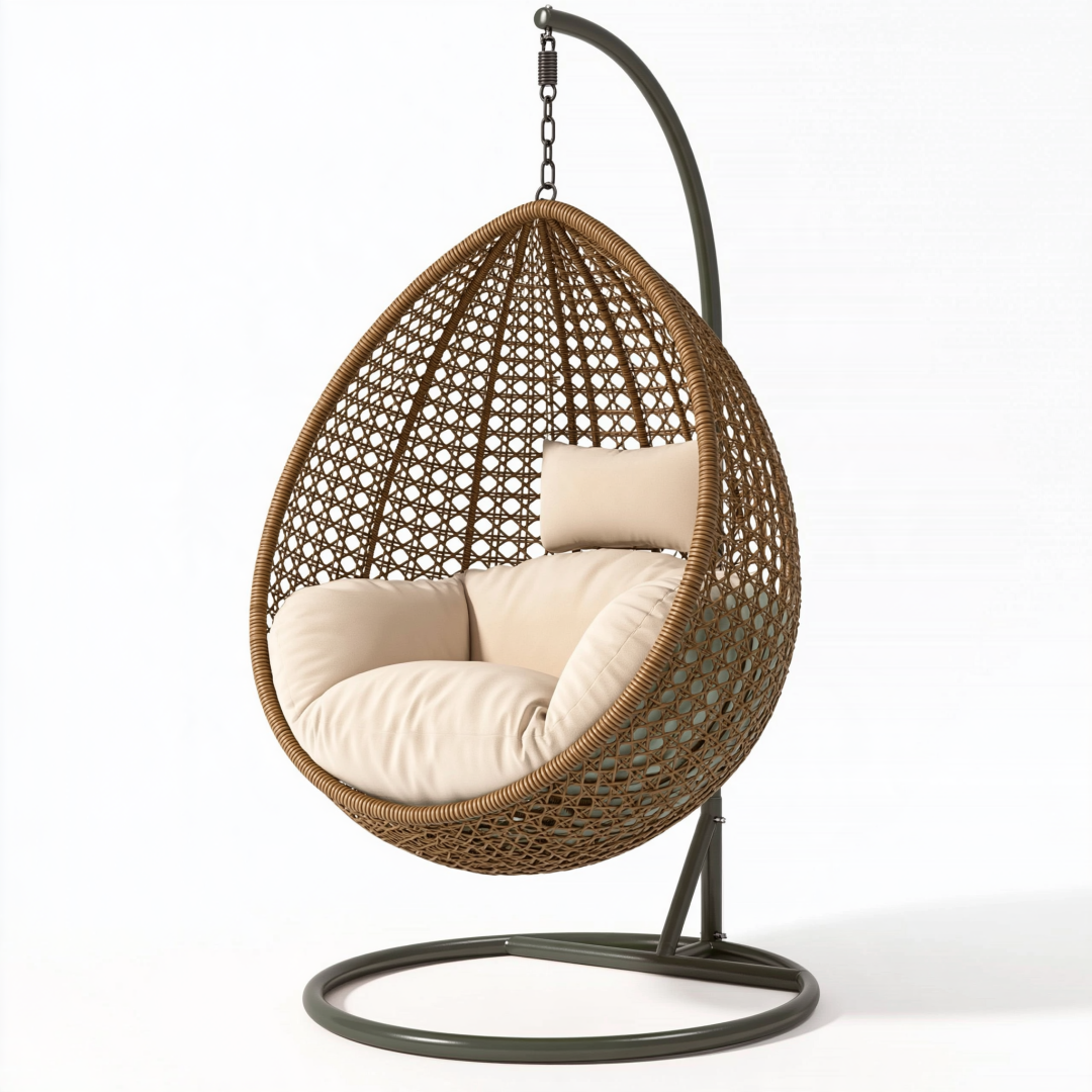 Fauteuil suspendu 105 x 105 x 195 cm en fibre tressée brun avec support métallique style bohème