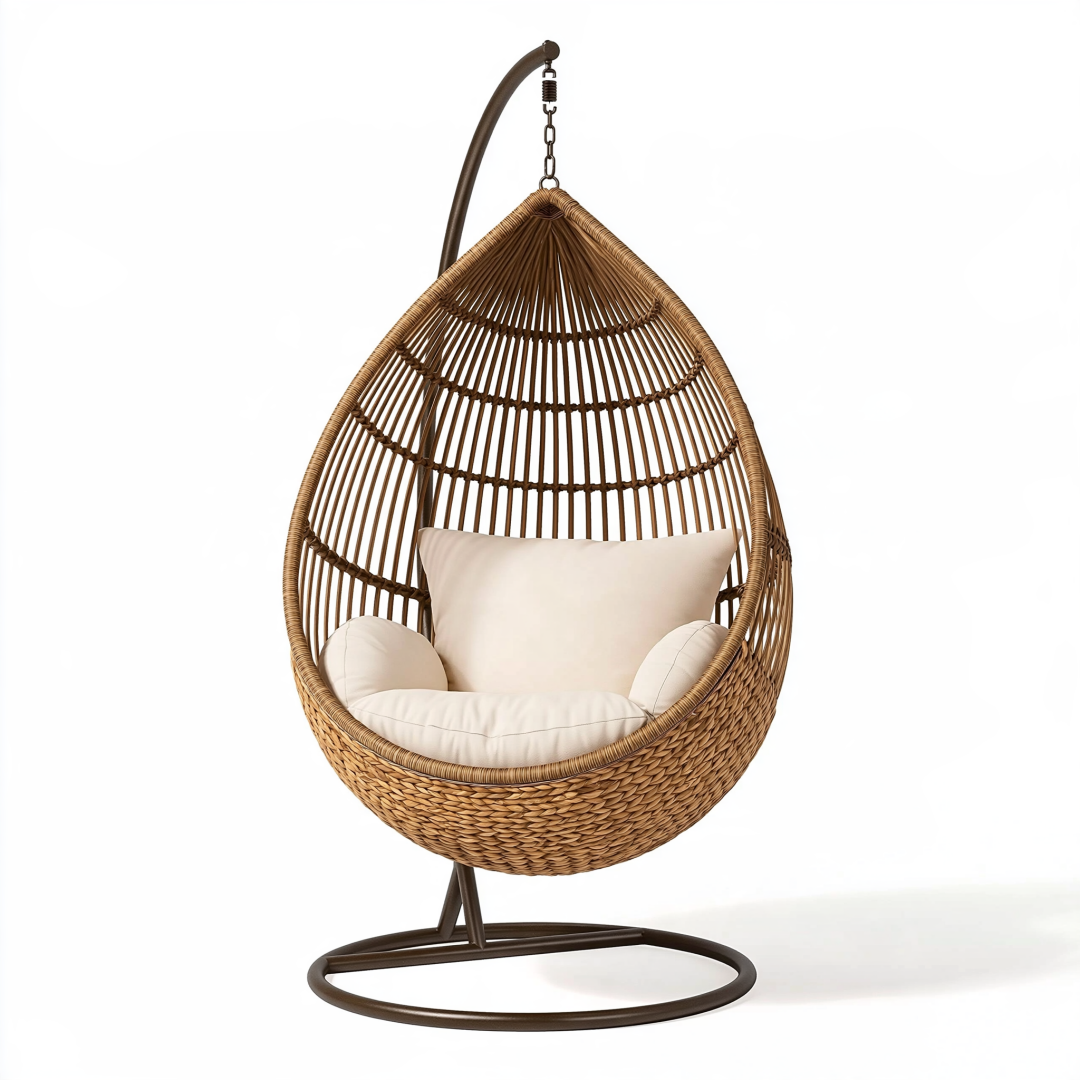 Fauteuil suspendu 105 x 105 x 195 cm en rotin marron avec support métal style bohème