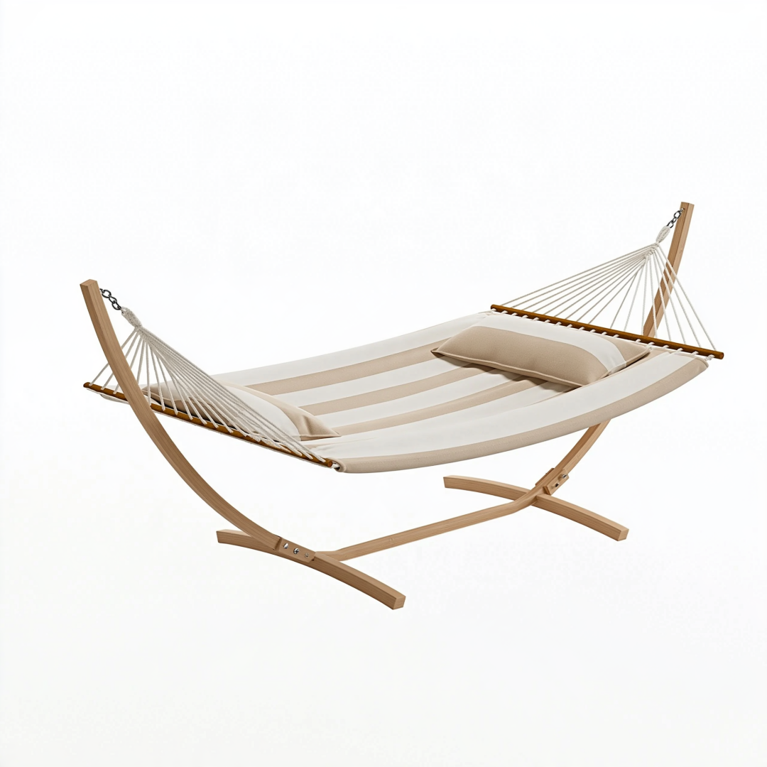 Hamac avec support 320 x 120 x 110 cm en bois et textile beige pour extérieur style contemporain