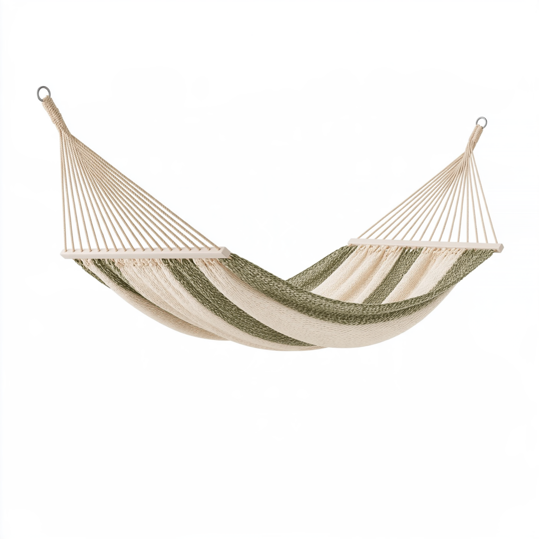 Hamac 300 x 100 cm en coton vert et beige avec barres en bois pour jardin