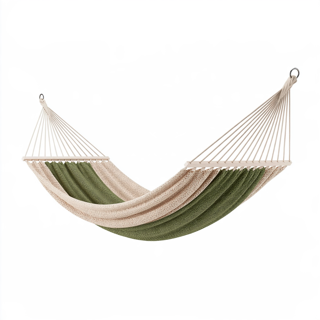 Hamac 300 x 140 cm en coton vert et beige avec barres pour jardin