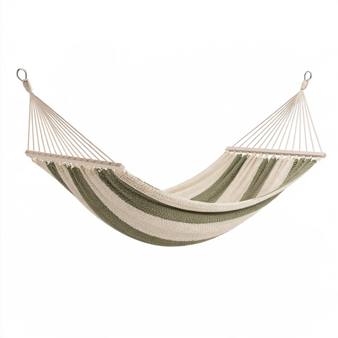 Hamac 300 x 150 cm en coton beige et vert avec barres en bois pour jardin