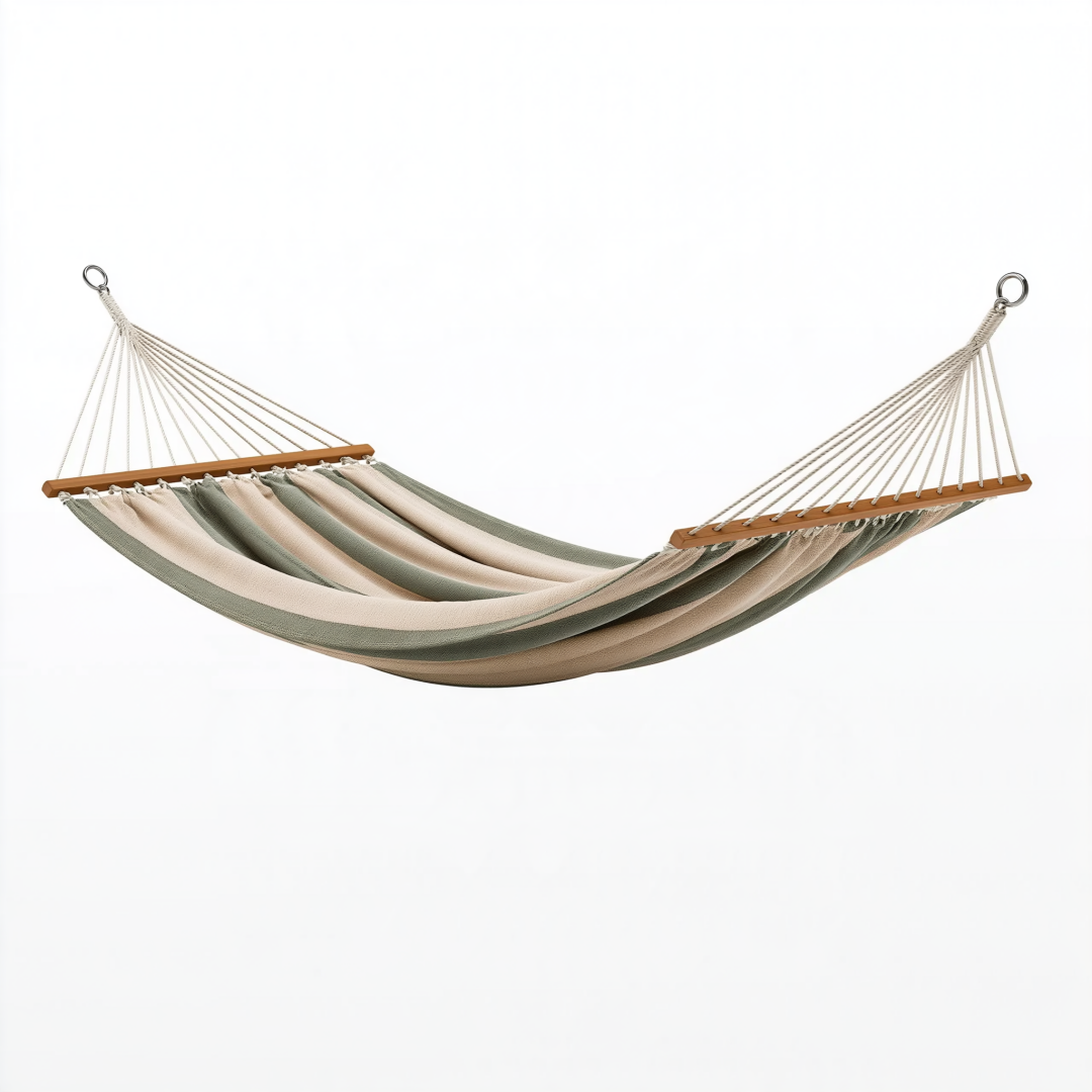 Hamac 300 x 80 cm en textile beige et vert avec barres en bois - Suspendu